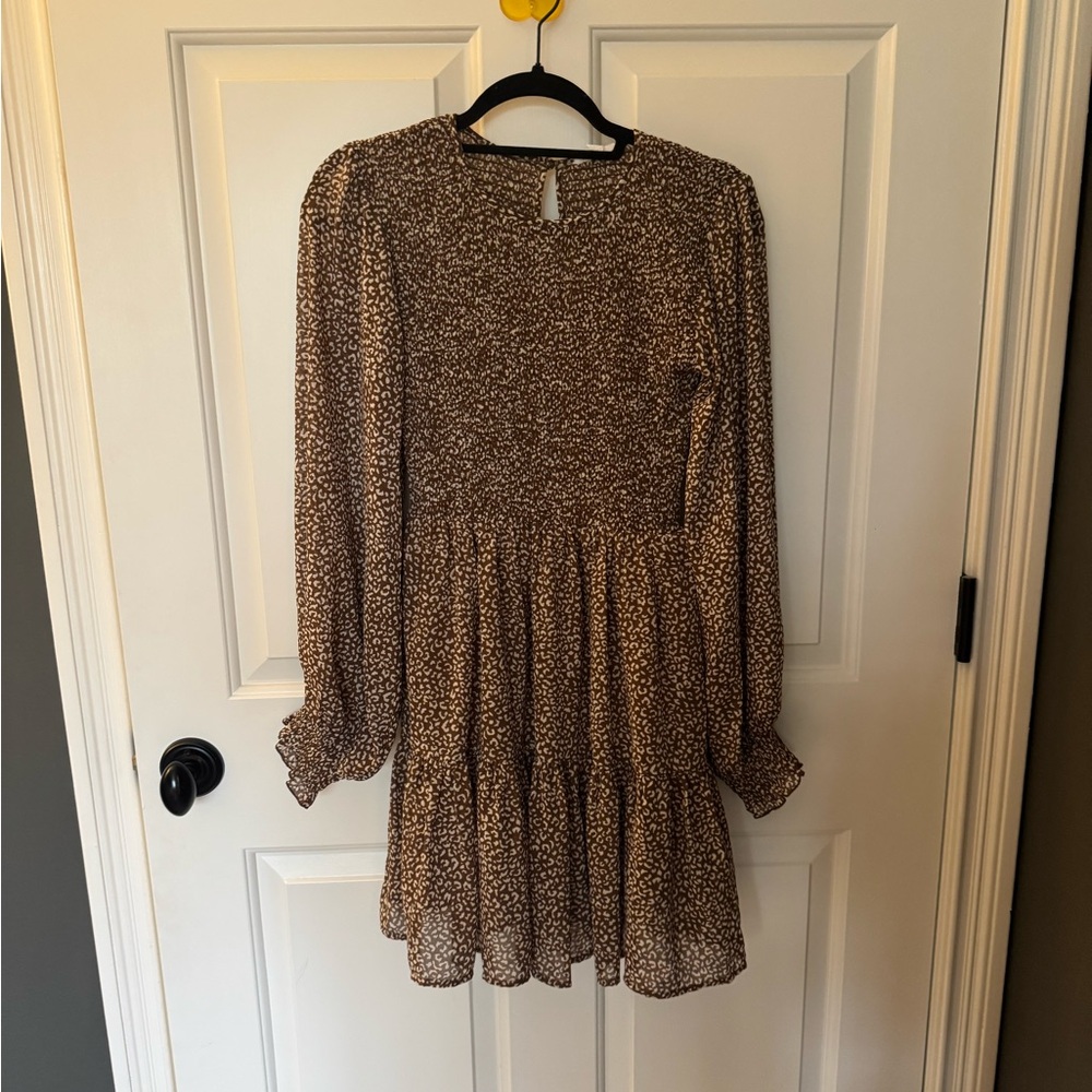 Brown Patterned Long Sleeve Dress